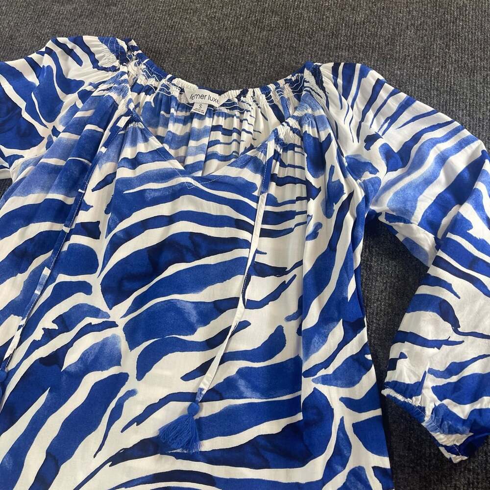 la mer luxe Dress Size S Blue White Rayon Tassel Boho Cover Up